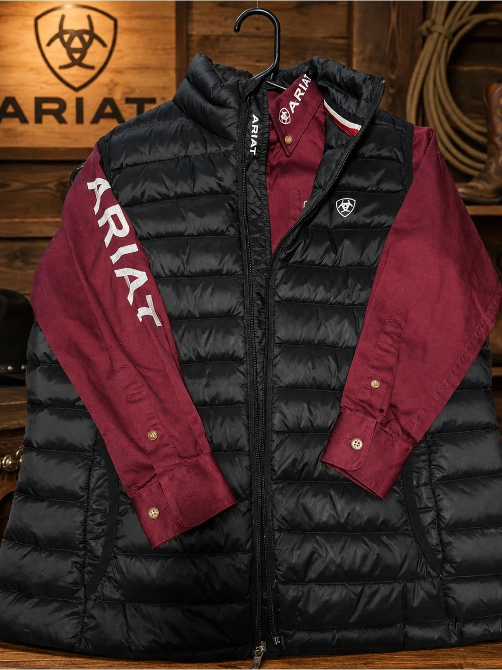 Ariat Black Puffer Vest with Burgundy Long-Sleeve Shirt